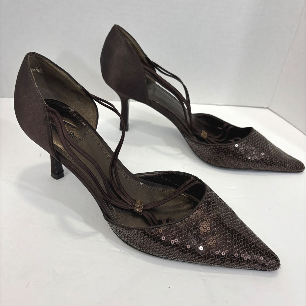 M by Marinelli Sequin Pumps Women 8.5M Brown Satin dOrsay Kitten Heel